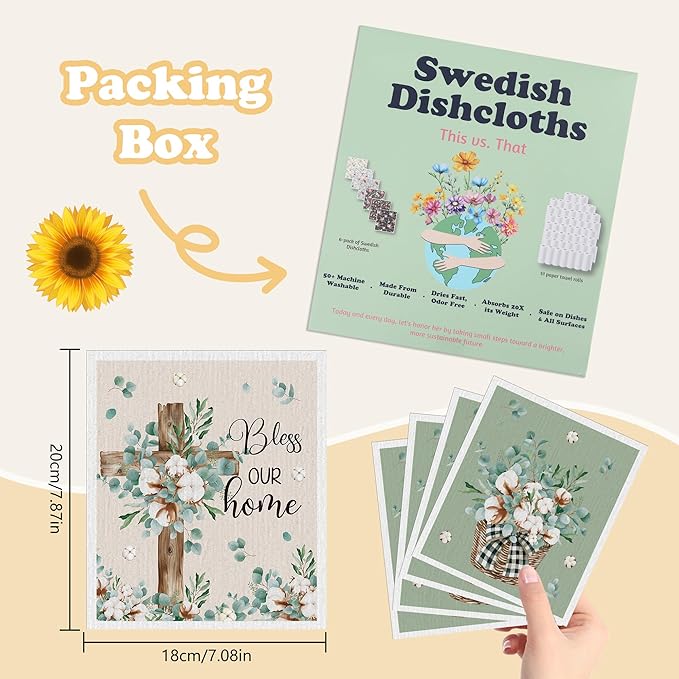 Swedish Dishcloths for Kitchen, 6 Pack Farmhouse Eucalyptus and Cotton Flower Reusable Paper Towels, Non-Scratch Swedish Dish Cloths Super Absorbent Cellulose Sponge Cloths