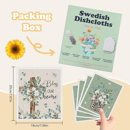 Swedish Dishcloths for Kitchen, 6 Pack Farmhouse Eucalyptus and Cotton Flower Reusable Paper Towels, Non-Scratch Swedish Dish Cloths Super Absorbent Cellulose Sponge Cloths