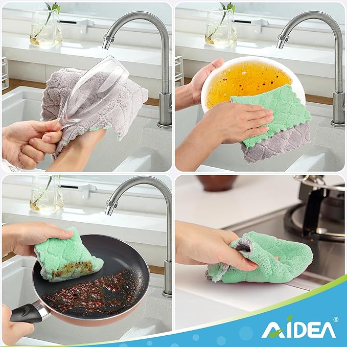 AIDEA Kitchen Towels, 12 Pack Absorbent Coral Fleece Dish Towels, No Odor Reusable Dish Cloths, Microfiber Cleaning Cloths, Fast Drying Dishcloths, 6.3" x10.4"