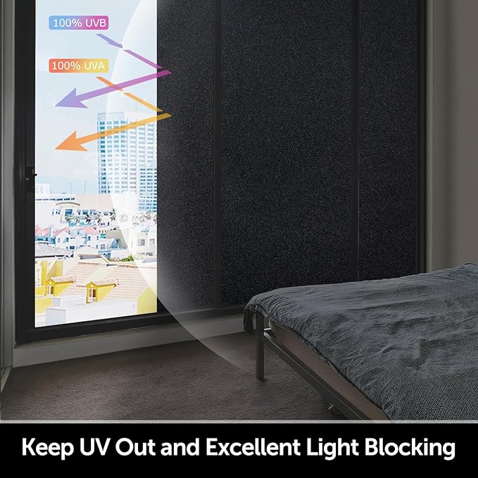 HIDBEA Blackout Window Film,100% Light Blocking Room Darkening Window Privacy Film,Frosted Glass Window Film Heat Control, Removable Window Cover Tint for Day Sleep (Black,23.6in x 6.5ft)
