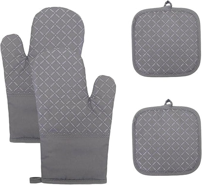 Oven Mitts and Pan Racks 4-Piece Set, Extended Kitchen Oven Mitts and Pan Racks, Heat Resistant 500 °F, Silicone Non-Slip Surface for Baking and Cooking (Grey)