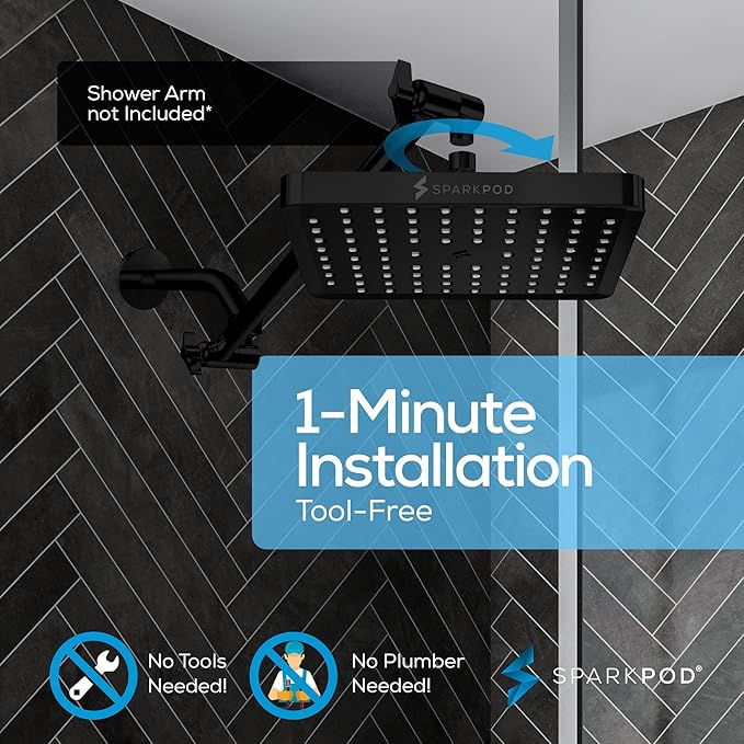 SparkPod Shower Head - High Pressure Rain - Premium Quality Luxury Design - Easy Clean Adjustable Replacement for Your Bathroom Shower Heads (Midnight Black Matte, 8 Inch Square)