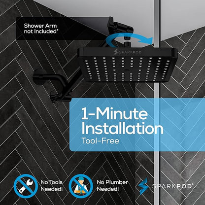 SparkPod Shower Head - High Pressure Rain - Premium Quality Luxury Design - Easy Clean Adjustable Replacement for Your Bathroom Shower Heads (Midnight Black Matte, 8 Inch Square)