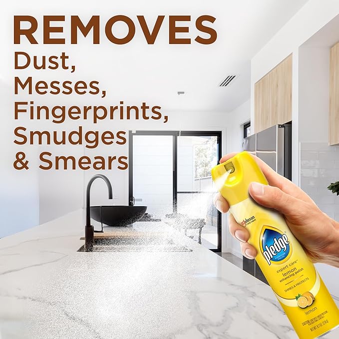 Pledge Enhancing Polish Spray, Wood Furniture & Stainless Steel Polish, Remove Dust and Fingerprints, Fast Shine and Protect, Prevent Scratches & Knicks - Lemon Scent, 9.7oz, Pack of 2