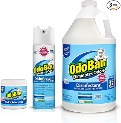 OdoBan Multipurpose Cleaner Disinfectant and Harsh Smell Eliminator Fabric/Air Freshener Pack: Ready-to-Use 360-Degree Continuous Spray, 1 Gallon Concentrate, Solid Smell Absorber, Fresh Linen Scent