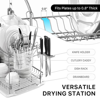 Simple Houseware 2-Tier Stainless Steel Dish Rack with Drainboard, Chrome for Kitchen