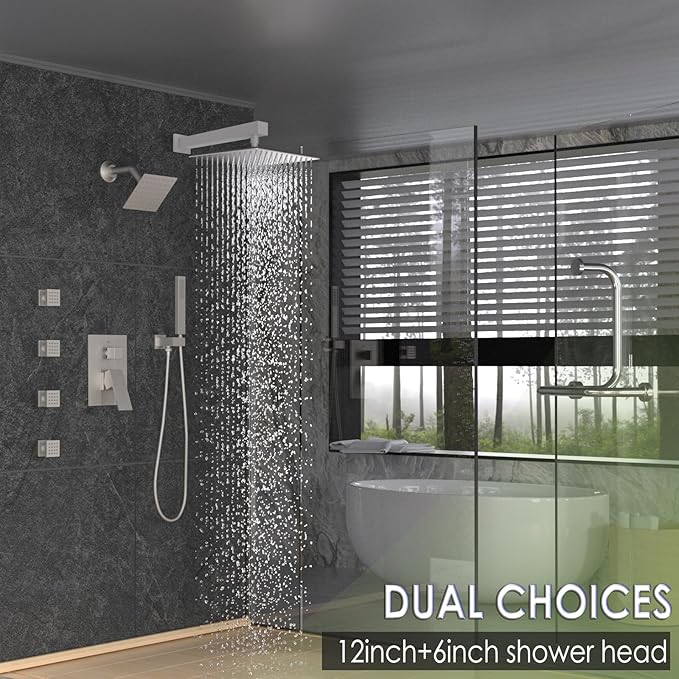 Enga Dual Shower Head System with Body Jets, 12"+ 6" Wall Mounted Dual Rain Shower Faucet with Valve Kit, Brushed Nickel