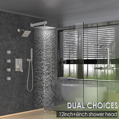 Enga Dual Shower Head System with Body Jets, 12"+ 6" Wall Mounted Dual Rain Shower Faucet with Valve Kit, Brushed Nickel