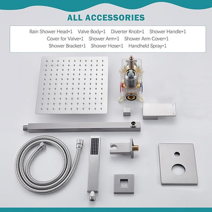Brushed Nickel Shower System, Shower Faucet Set with 10-Inch Rain Showerhead and Handheld Spray, Wall Mounted High-Pressure Showerhead Combo Set Included Valve and Trim, Brushed Nickel
