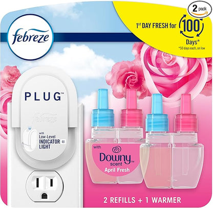 Febreze Plug-In Air Freshener, Odor-Fighting Scented Oil Starter Kit, Air Fresheners for Home and Bathroom and Kitchen, Long Lasting for Strong Odors, Downy April Fresh Scent, Warmer + 2 Refill