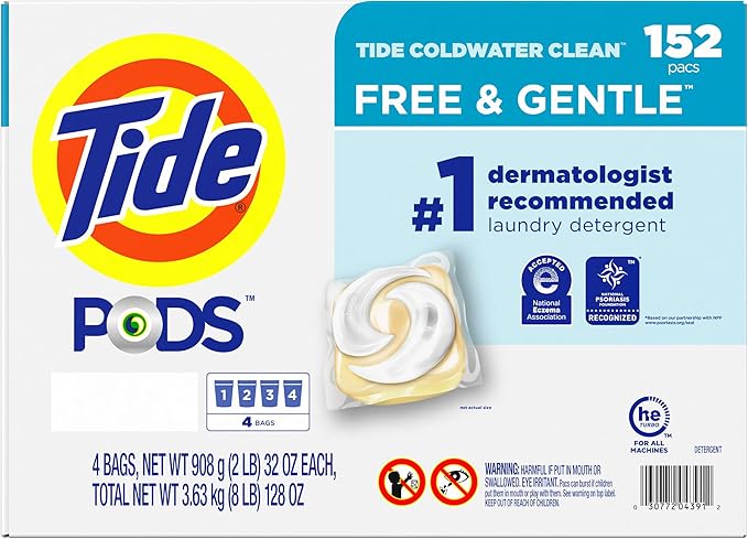 Tide PODS Liquid Laundry Detergent Pacs Free & Gentle 152-count, LARGE, White