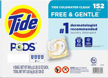 Tide PODS Liquid Laundry Detergent Pacs Free & Gentle 152-count, LARGE, White
