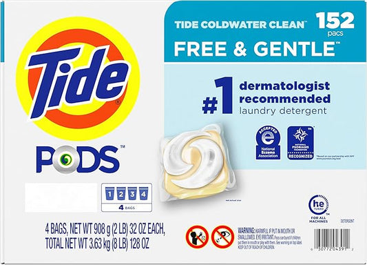 Tide PODS Liquid Laundry Detergent Pacs Free & Gentle 152-count, LARGE, White
