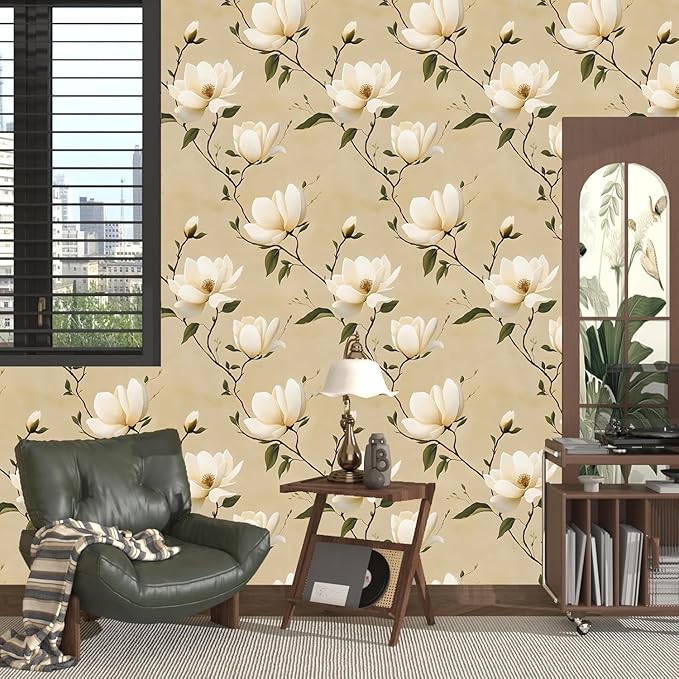 Vintage Floral Peel and Stick Wallpaper Khaki White Flowers Contact Paper 17.5"X118" Vinyl Waterproof Self Adhesive Removable Boho Modern Green Leaf Wall Paper for Cabinets Bathroom Walls Bookcase