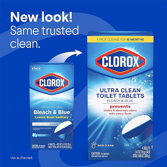 Clorox Ultra Clean Toilet Tablets Bleach & Blue, Rain Clean Scent, 2.47 Ounces Each, 4 Count (Package May Vary)