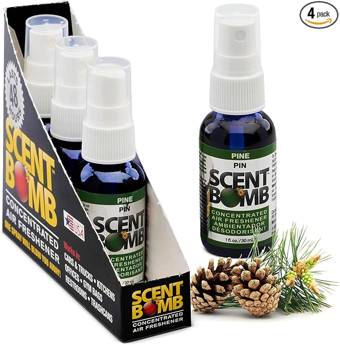 Scent Bomb Air Freshener Spray, Long-Lasting Odor Eliminator - Effective Deodorizer for Home & Car, Fresh Room Spray for Kitchen, Bathroom & Smell Neutralizer - 1 oz Pack of 4, Pine Scent