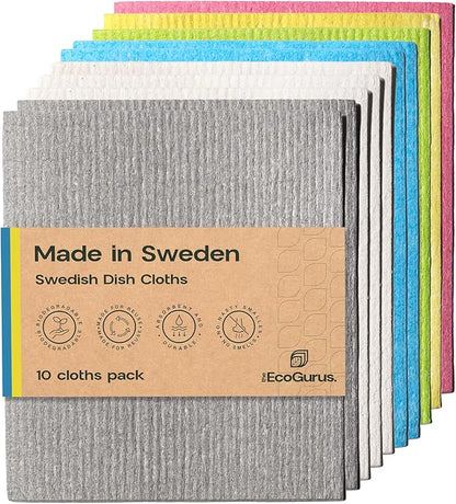 10 Pack Odour-Resistant Reusable Cleaning Cloths | Original Swedish Dishcloth | Made in Sweden | Suitable for All Surfaces | Biodegradable Cellulose Sponge | Kitchen & Bathroom | Multi-Coloured