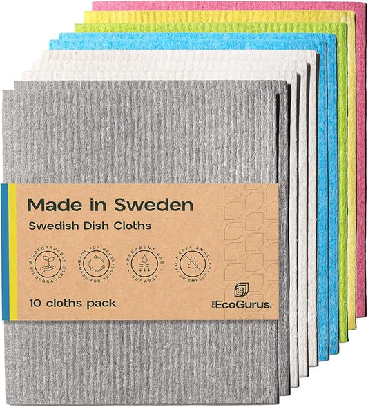 10 Pack Odour-Resistant Reusable Cleaning Cloths | Original Swedish Dishcloth | Made in Sweden | Suitable for All Surfaces | Biodegradable Cellulose Sponge | Kitchen & Bathroom | Multi-Coloured
