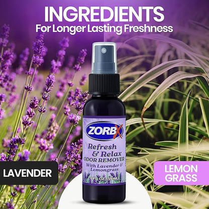 ZORBX Refresh & Relax 2 Oz Odor Remover Spray with Lavender & Lemongrass – Permanent Solution Room Freshener & Air Freshener Spray for Home, Bathroom, Furniture, Carpet, Car, Gym & Laundry
