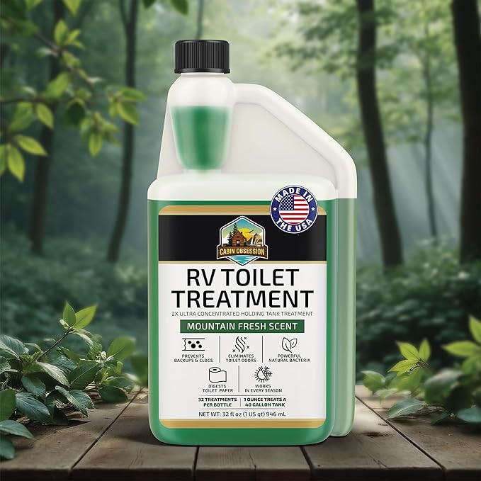 Cabin Obsession RV Toilet Treatment (32 oz) - 2x Ultra Concentrated Liquid RV Black Tank Treatment with Easy Measure Spout, Mountain Fresh Scent, 32 Treatments