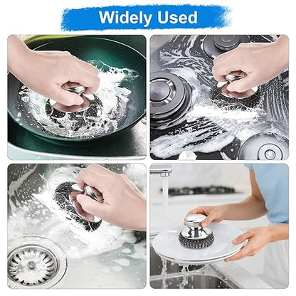 5PCS Stainless Steel Scrubber Pads, Steel Wool Scrubber Set with 2Pcs Handle, Stainless Scrubber for Cleaning Kitchen and Household, Dishes, Stoves, Grill, Wash Sink, Pots