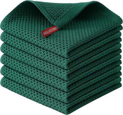 Kitinjoy 100% Cotton Kitchen Dish Cloths (12 X 12 Inches, Dark Green), 6 Pack Waffle Weave Ultra Soft Absorbent Dish Towels for Drying Dishes Quick Drying Kitchen Towels Dish Rags