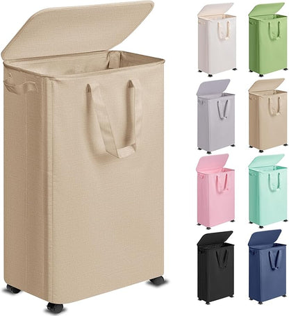 Slim Laundry Hamper with Lid and Wheels, Small Rolling Laundry Basket with Handle for Small Spaces, Tall Dirty Clothes Hampers for Dorm, Bathroom and Bedroom, 75L, Oatmeal