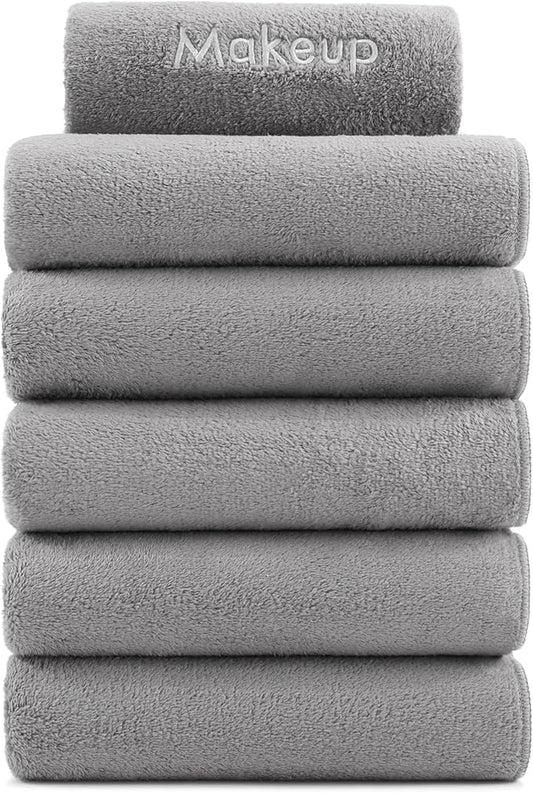 Arkwright Makeup Remover Fingertip Towels 6 Pack - Microfiber Coral Fleece Face Towels, Ultra Soft Reusable Washcloths, Gentle Facial Cleansing for Waterproof Makeup, 11 x 17, Grey