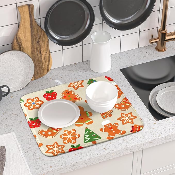 Christmas Dish Drying Mat for Kitchen Counter 16x18 Cute Gingerbread Themed Winter Xmas Holiday Absorbent Reversible Microfiber Drying Mats Kitchen Countertop Protector Dishes Drainer Rack Pad