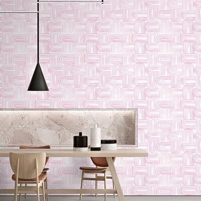 Modern Peel and Stick Wallpaper Light Pink Wallpaper 17.3" x 1200" Boho Abstract Geometric Contact Paper Waterproof Wall Paper for Bedroom Cabinets Furniture Vinyl