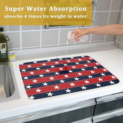 Patriotic Star Stripes Red Blue Dish Drying Mat For Kitchen Counter 4th of July Independence Memorial Day USA Microfiber Absorbent Drying Mats Reversible Kitchen Countertop Drainer Pad 18x24 Inch
