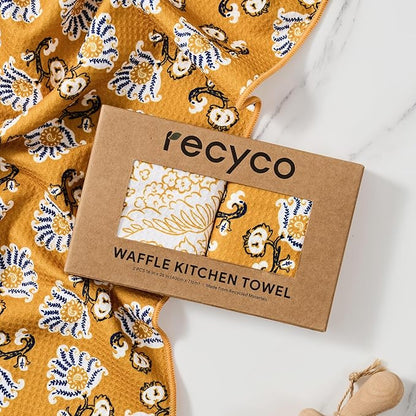 RECYCO Waffle Kitchen Towel Set of 2 - Quick Dry Microfiber Sustainable Dish Towels - Ultra Absorbent Reusable Cleaning Tea Towels - Lightweight Hand Towels,16”x 28”, Marigold Mosaic