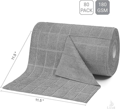 LIVOS Microfiber Cleaning Cloth Roll - 80 Pack, Reusable Paper Towels, Microfiber Towels for Cars, Super Absorbent Lint Free Cleaning Rags for House, Kitchen, Window-Check Grey, 11.5"x11.5"