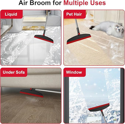 Broom with Dustpan Combo Set and Silicone Air Broom Kit, 51" Long Handle Floor Squeegee, Red Household Kit for Glass Window Rugs Pet Hair Home