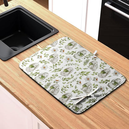 Easter Bunny Floral Drying Mat for Kitchen Counter Spring Easter Rabbits Green Leaves Dry Dish Mat Absorbent Microfiber Dish Draining Washable Dish Drainer Rack Mat Large 18x24 Inch