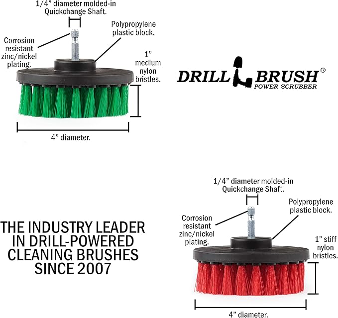 Drill Brush - Indoor/Outdoor Medium and Stiff 4-inch Round - Spin Brush - Combo Kit - Cleaning Supplies - Stove, Oven, Sink - Grout Cleaner - Outdoor Rug - Deck Brush - Algae, Mold, Mildew, and Moss