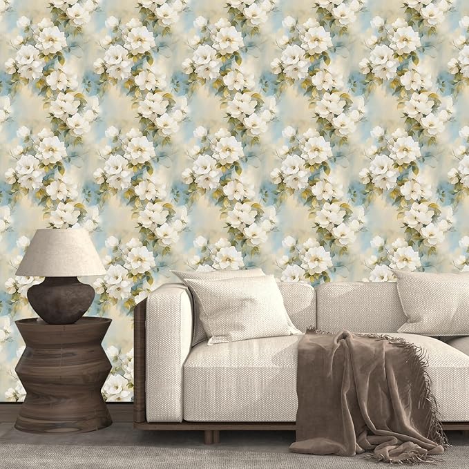 Floral Wallpaper Peel and Stick Vintage Beige Flowers Contact Paper Vinyl Waterproof Self Adhesive Removable Green leaf Modern Wall Murals for Bedroom Walls Shelves Cabinet Decoration 17.5" X 118"