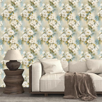 Floral Wallpaper Peel and Stick Vintage Beige Flowers Contact Paper Vinyl Waterproof Self Adhesive Removable Green leaf Modern Wall Murals for Bedroom Walls Shelves Cabinet Decoration 17.5" X 118"