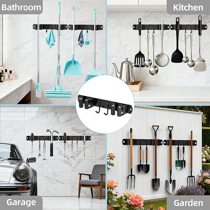 Broom Holder Wall Mount, 2-Pack Stainless Steel Mop and Broom Organizer, Broom Hanger with 2 Slots 2 Hooks for Home Kitchen, Garage, Garden and Laundry Room, Black