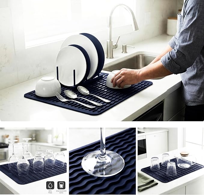 MicoYang Silicone Dish Drying Mat for Multiple Usage,Easy clean,Eco-friendly,Heat-resistant Silicone Mat for Kitchen Counter or Sink,Refrigerator or drawer liner Navy Blue L 16 inches x 12 inches