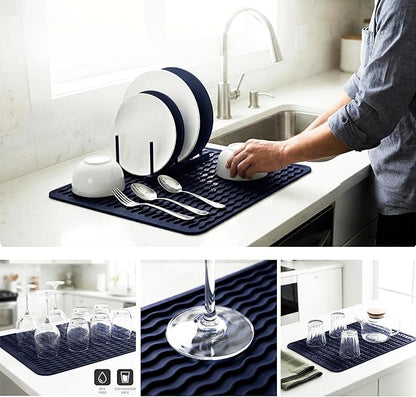 MicoYang Silicone Dish Drying Mat for Multiple Usage,Easy clean,Eco-friendly,Heat-resistant Silicone Mat for Kitchen Counter or Sink,Refrigerator or drawer liner Navy Blue L 16 inches x 12 inches