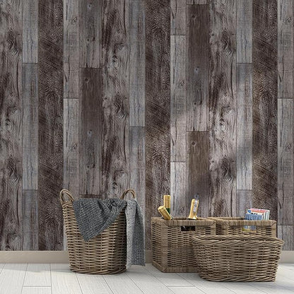 Yun-aeon Gray Wood Peel and Stick Wallpaper 17.3" X 472.4" Self Adhesive Wallpaper Backsplash Line Removable Wall Paper Bathroom Old Furniture Renovation Furniture