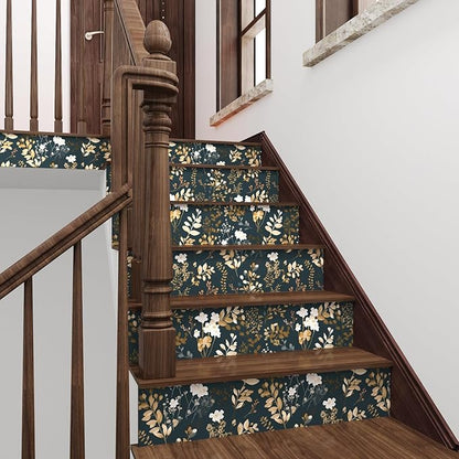 Laatse Navy Floral Wallpaper Peel and Stick Boho Wallpaper Vintage Blue/Gold Leaf Contact Paper Waterproof Self Adhesive Modern Wall Paper for Cabinet Walls Kitchen 17.5in x393in
