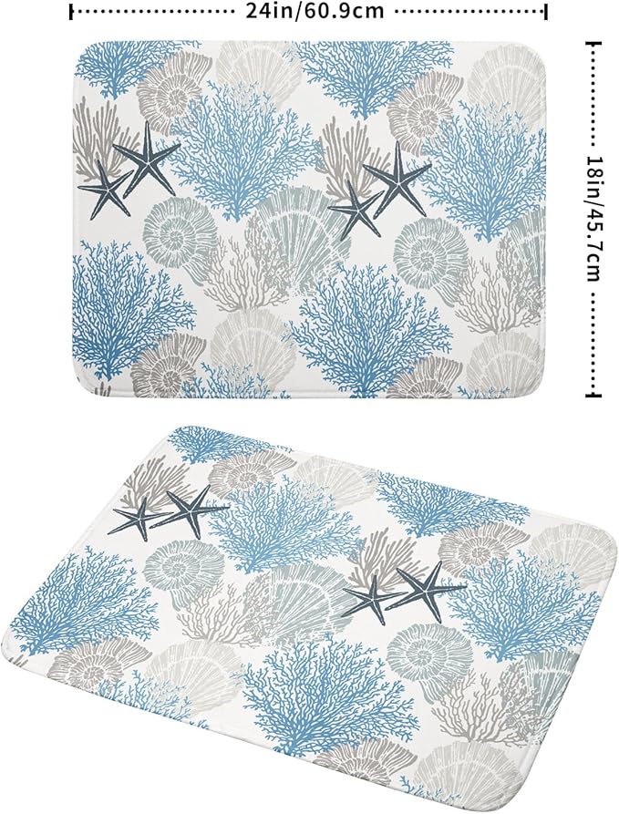 Coastal Blue Gray Dish Drying Pad 18 x 24 Inch With Absorbent Reversible Microfiber Starfish Seashell Coral Nautical Summer Drying Mats Dish Drainer Mat Fast Dry For Kitchen Dining Room Decoration