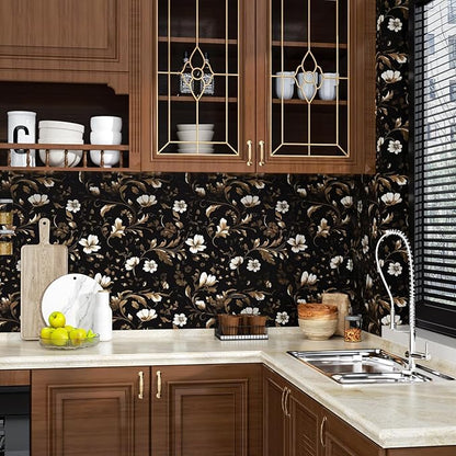Fvlow Vintage Wallpaper Peel and Stick Black Floral Wallpaper Black White Wall Paper Vintage Leaf Contact Paper Waterproof Self-Adhesive Wall Covering for Bedroom Countertop Desk Cabinet 17.4" x 393"