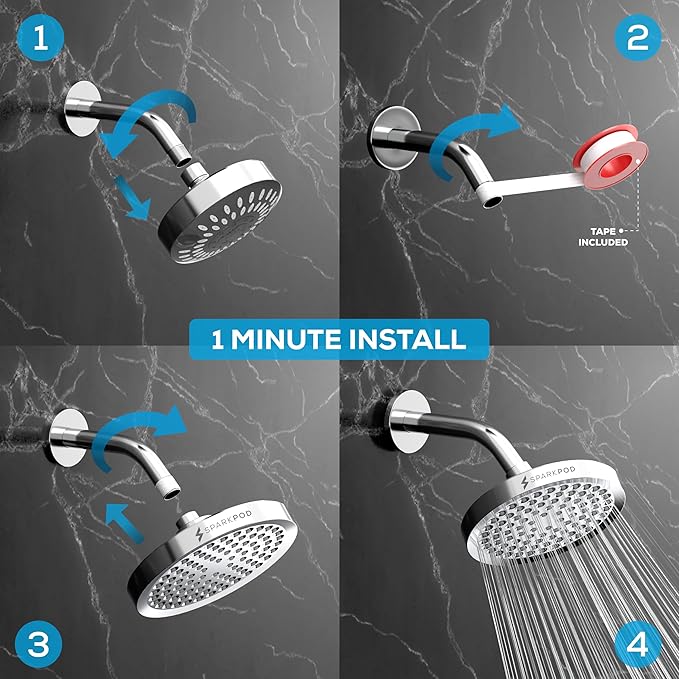 SparkPod Shower Head - High Pressure Rain - Premium Quality Luxury Design - Easy Clean Adjustable Replacement for Your Bathroom Shower Heads (Luxury Polished Chrome, 6 Inch Round)