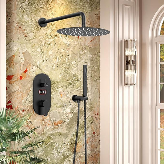 Round Shower Faucet Set with Hydro Power Temperature Display, Shower System Bathroom 12 Inch Shower Head with Handheld Spray, Wall Mounted Shower Fixtures with Shower Valve and Trim Kit, Matte Black