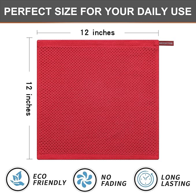Kitinjoy 100% Cotton Kitchen Dish Cloths (12 X 12 Inches, Red), 8 Pack Waffle Weave Ultra Soft Absorbent Dish Towels for Drying Dishes Quick Drying Kitchen Towels Dish Rags