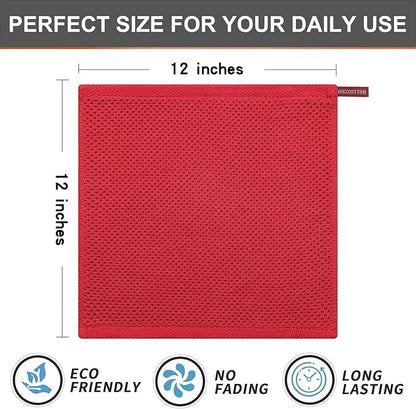 Kitinjoy 100% Cotton Kitchen Dish Cloths (12 X 12 Inches, Red), 12 Pack Waffle Weave Ultra Soft Absorbent Dish Towels for Drying Dishes Quick Drying Kitchen Towels Dish Rags