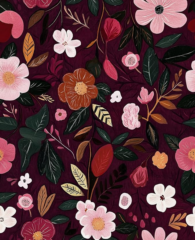 Fvlow Red Pink Floral Wallpaper Peel and Stick 17.4" X 118" Dark Red Gothic Witchy Contact Paper Flower Removable Covering for Bedroom Cabinet Bathroom Vintage Retro Goth Home Decor